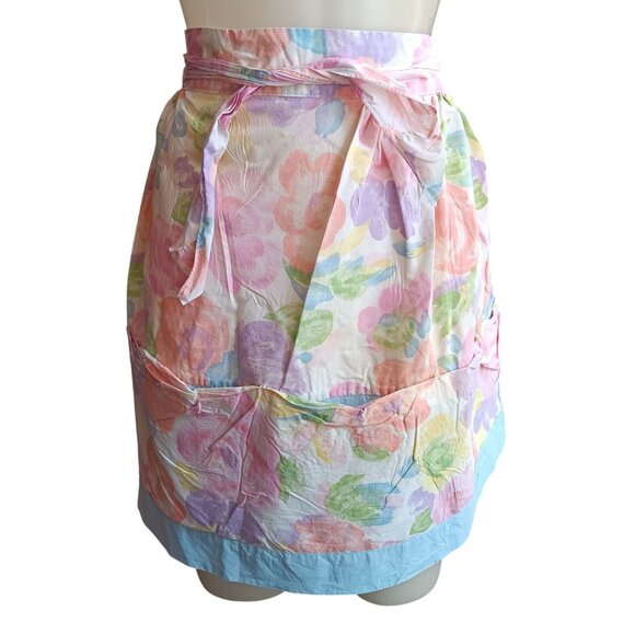 Vintage Floral Half Apron With Pastel Watercolor Design & Pockets - Picture 1 of 7